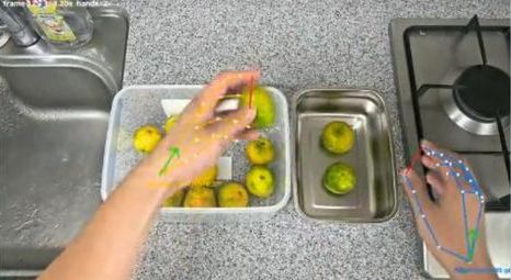 The same frame with tracked hand keypoints drawn on both hands.