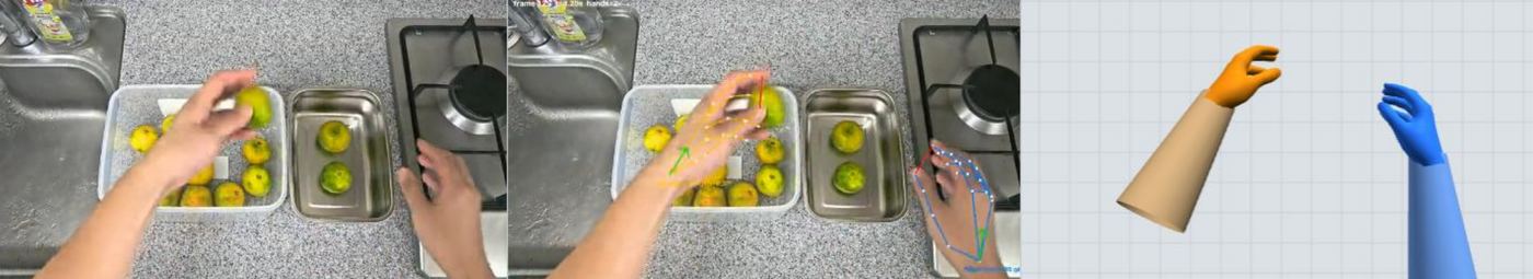 Raw frame, tracked keypoints and reconstructed 3D hands for a tangerine sorting task.